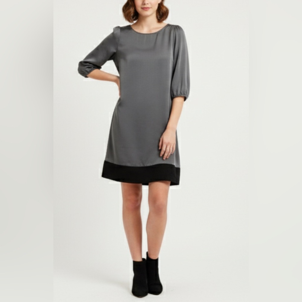TACERA S Gray Black Mini Dress 3/4 Puff Sleeve Exposed Zip Satin Look Y2K Chic